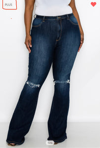 KNEE CUT FLARE BOTTOM JEANS (PLUS SIZE)