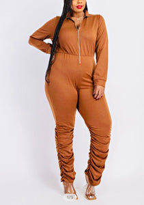 Zip front jumpsuit with ruched bottom